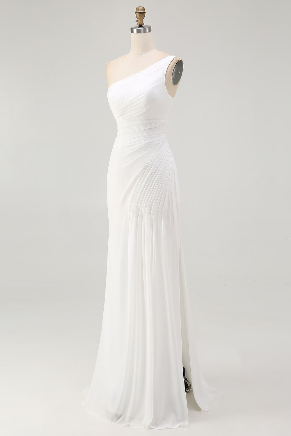 One Shoulder Ruched Ivory Engagement Dress with Slit
