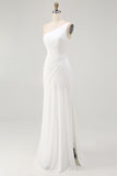 One Shoulder Ruched Ivory Engagement Dress with Slit
