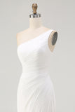 One Shoulder Ruched Ivory Engagement Dress with Slit