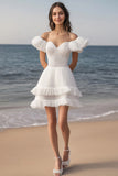 Off The Shoulder Ruffled Ivory A Line Graduation Dress