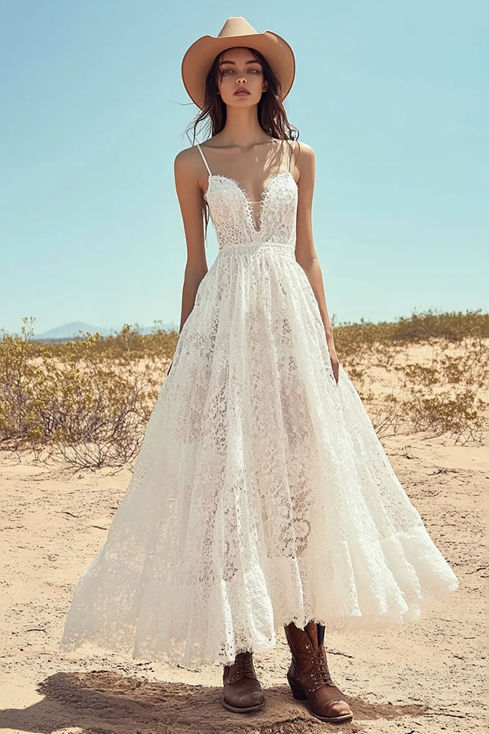 Boho A Line Ivory Spaghetti Straps Lace Graduation Dress
