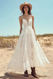 Boho A Line Ivory Spaghetti Straps Lace Graduation Dress