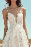 Boho A Line Ivory Spaghetti Straps Lace Graduation Dress