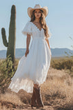 Ivory V Neck A Line Long Graduation Dress With Lace