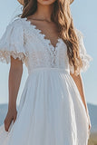 Ivory V Neck A Line Long Graduation Dress With Lace
