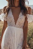 Cold Shoulder A Line Ivory Lace Wedding Dress With Slit
