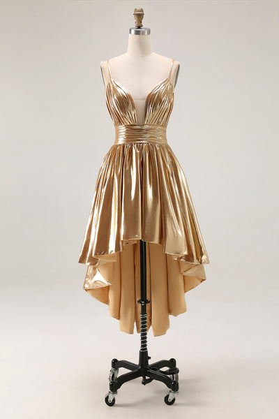 Berylove Women Metallic Gold Cocktail Dress High Low A Line Spaghetti