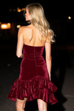 Strapless Burgundy Velvet Ruffled Homecoming Dress