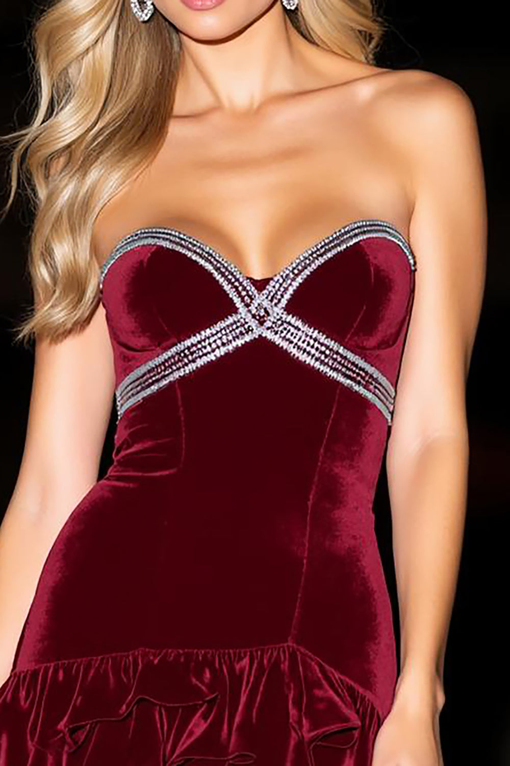 Strapless Burgundy Velvet Ruffled Homecoming Dress
