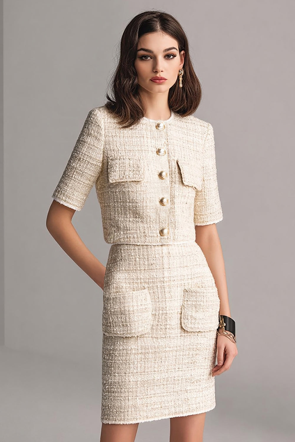 Ivory 2-Piece Bodycon Half Sleeve Tweed Work Dress