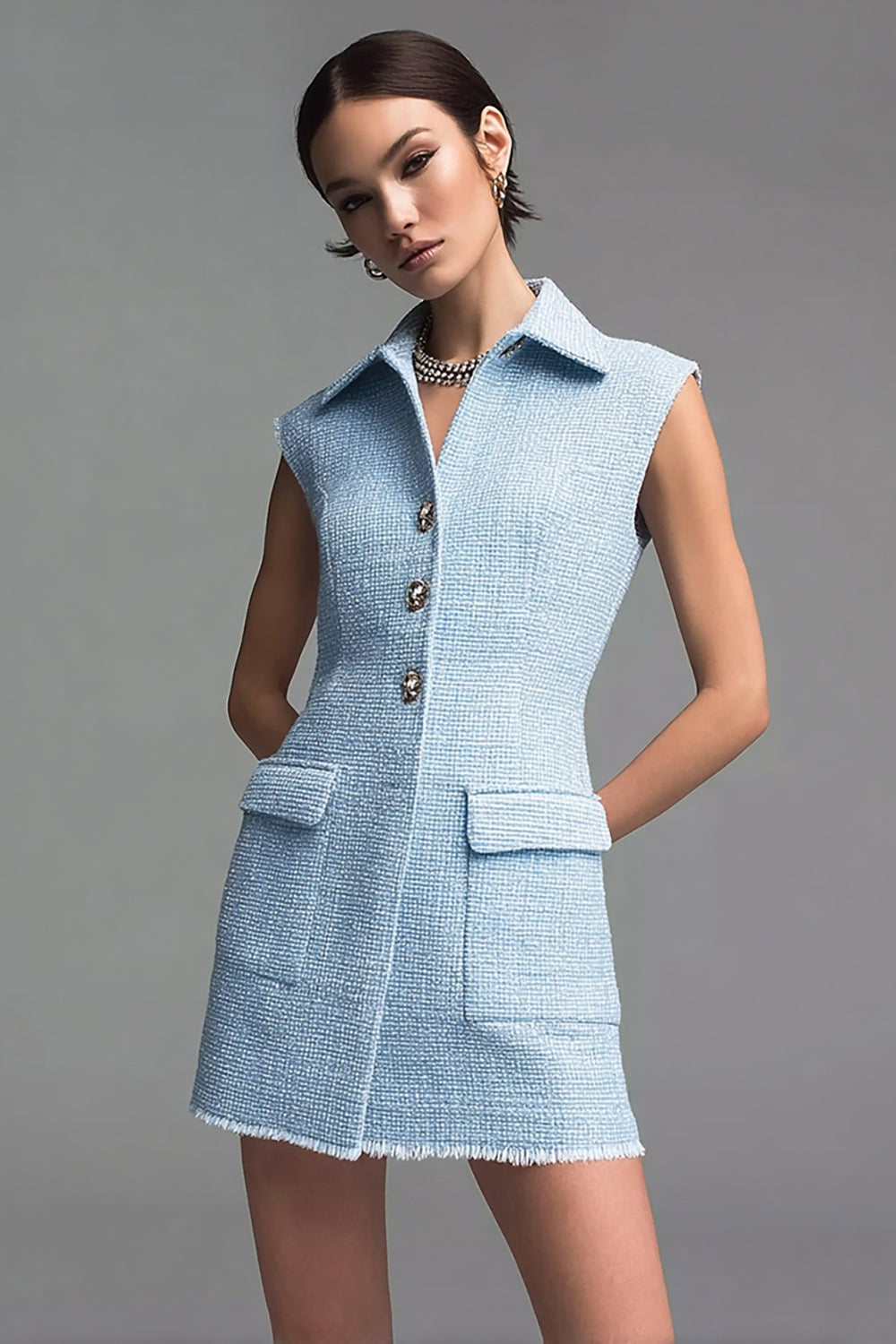 Bodycon Sky Blue Tweed Lapel Neck Work Dress