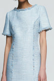 Sky Blue Bateau Neck Short Sleeve Tweed Work Dress
