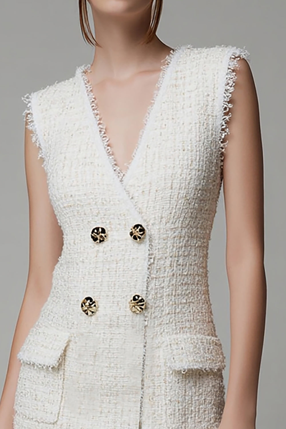 Bodycon Ivory V-Neck Sleeveless Mini Work Dress