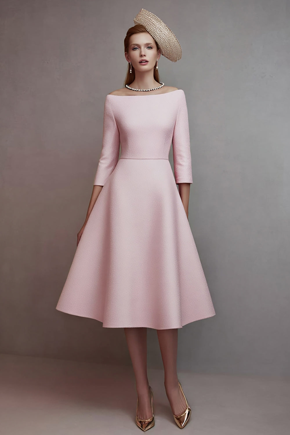 A Line Pink Boat Neck Midi Dress