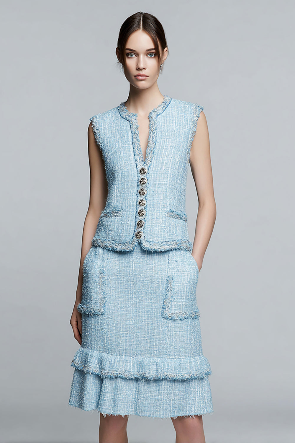 2 Piece Tweed Sky Blue V-Neck Work Dress