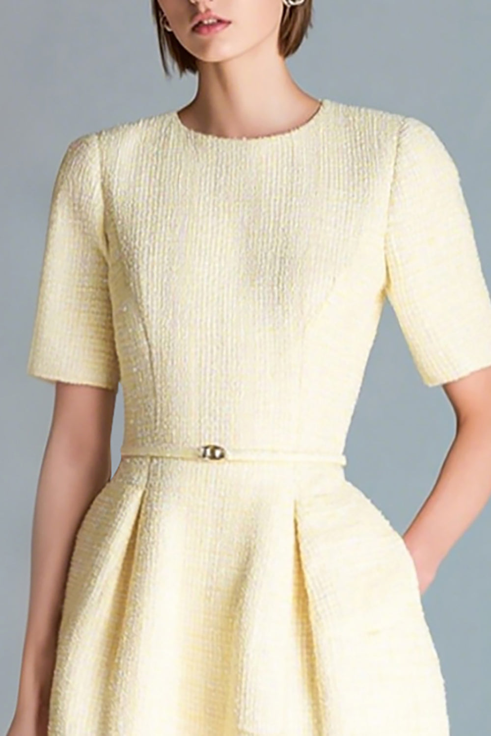 Light Yellow A-Line Short Sleeve Work Dress
