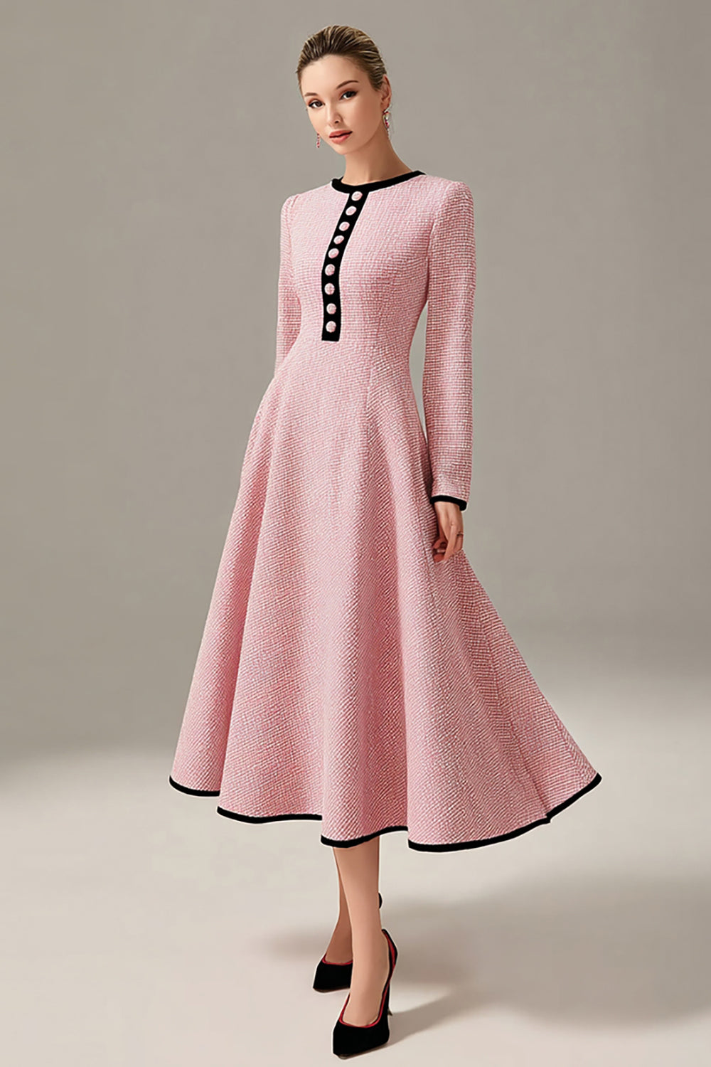 Long Sleeve A Line Pink Midi Work Dress