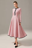 Long Sleeve A Line Pink Midi Work Dress