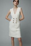 V-Neck Ivory Bodycon Tweed Work Dress