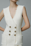V-Neck Ivory Bodycon Tweed Work Dress