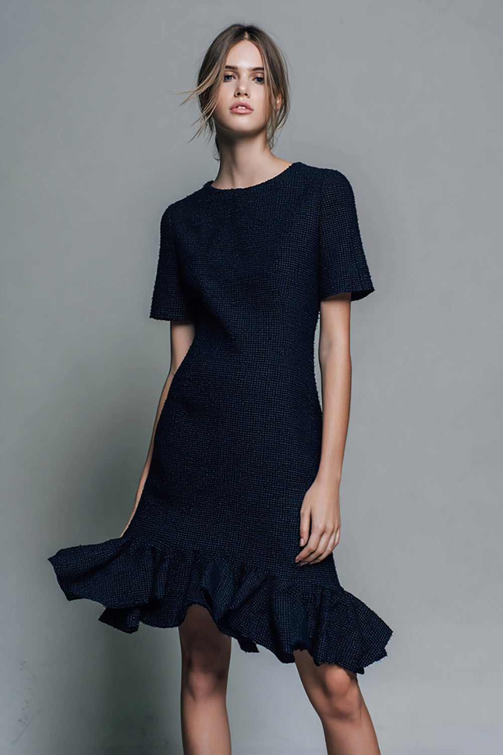 Black Round-Neck Work Dress With Ruffles