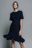 Black Round-Neck Work Dress With Ruffles