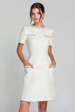 Beaded Ivory Sheath Round Neck Work Dress