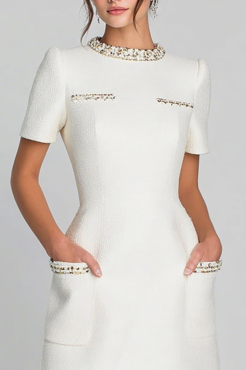 Beaded Ivory Sheath Round Neck Work Dress