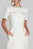 Beaded Ivory Sheath Round Neck Work Dress