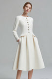 Ivory A-Line Round Neck Tweed Long Sleeve Work Dress