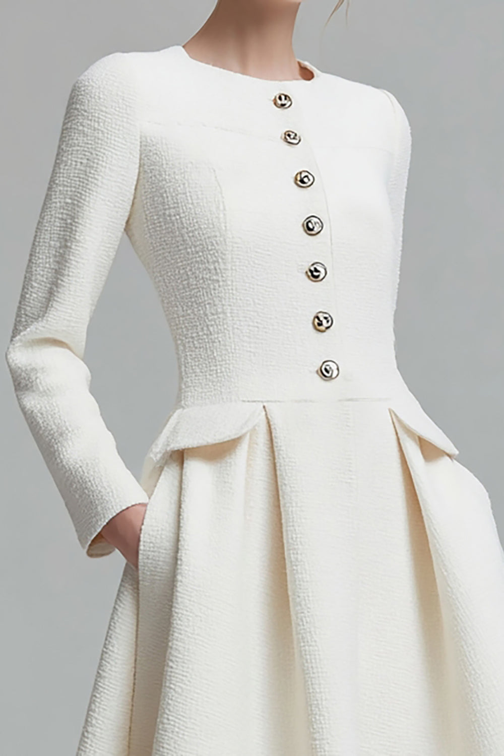 Ivory A-Line Round Neck Tweed Long Sleeve Work Dress