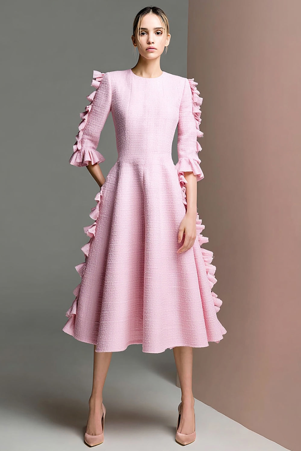 Ruffled A Line Half Sleeve Tweed Pink Midi Work Dress
