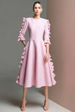 Ruffled A Line Half Sleeve Tweed Pink Midi Work Dress