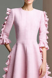 Ruffled A Line Half Sleeve Tweed Pink Midi Work Dress