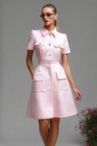 Pink A Line Lapel Neck Midi Work Dress