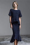 Navy Bateau Neck Mermaid 2 Piece Work Dress