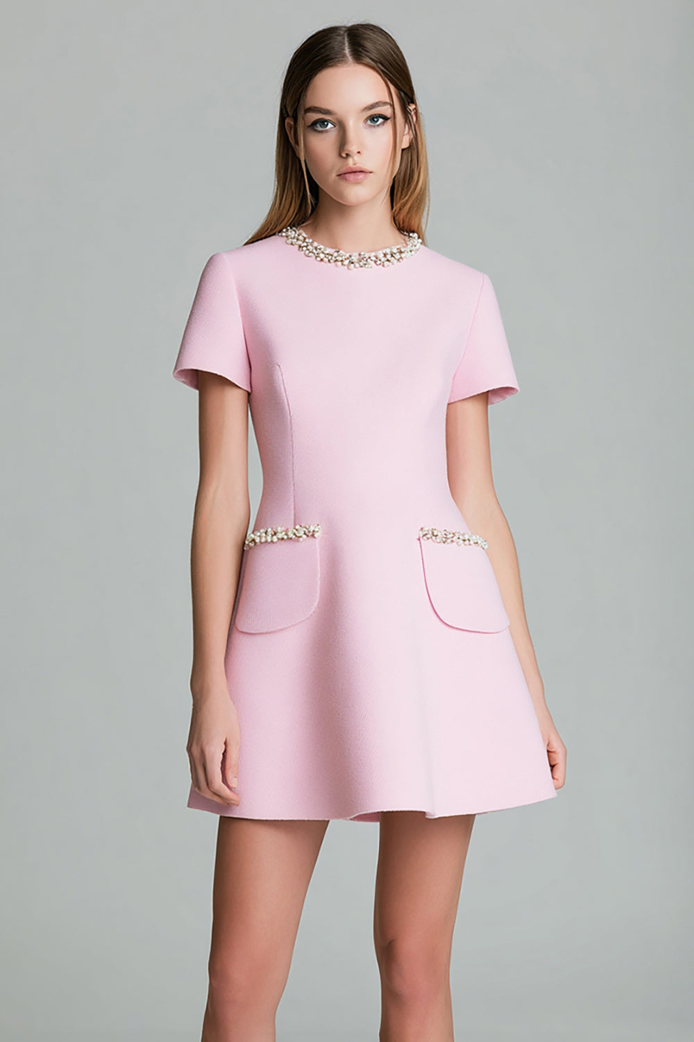 Pink A Line Beaded Mini Work Dress