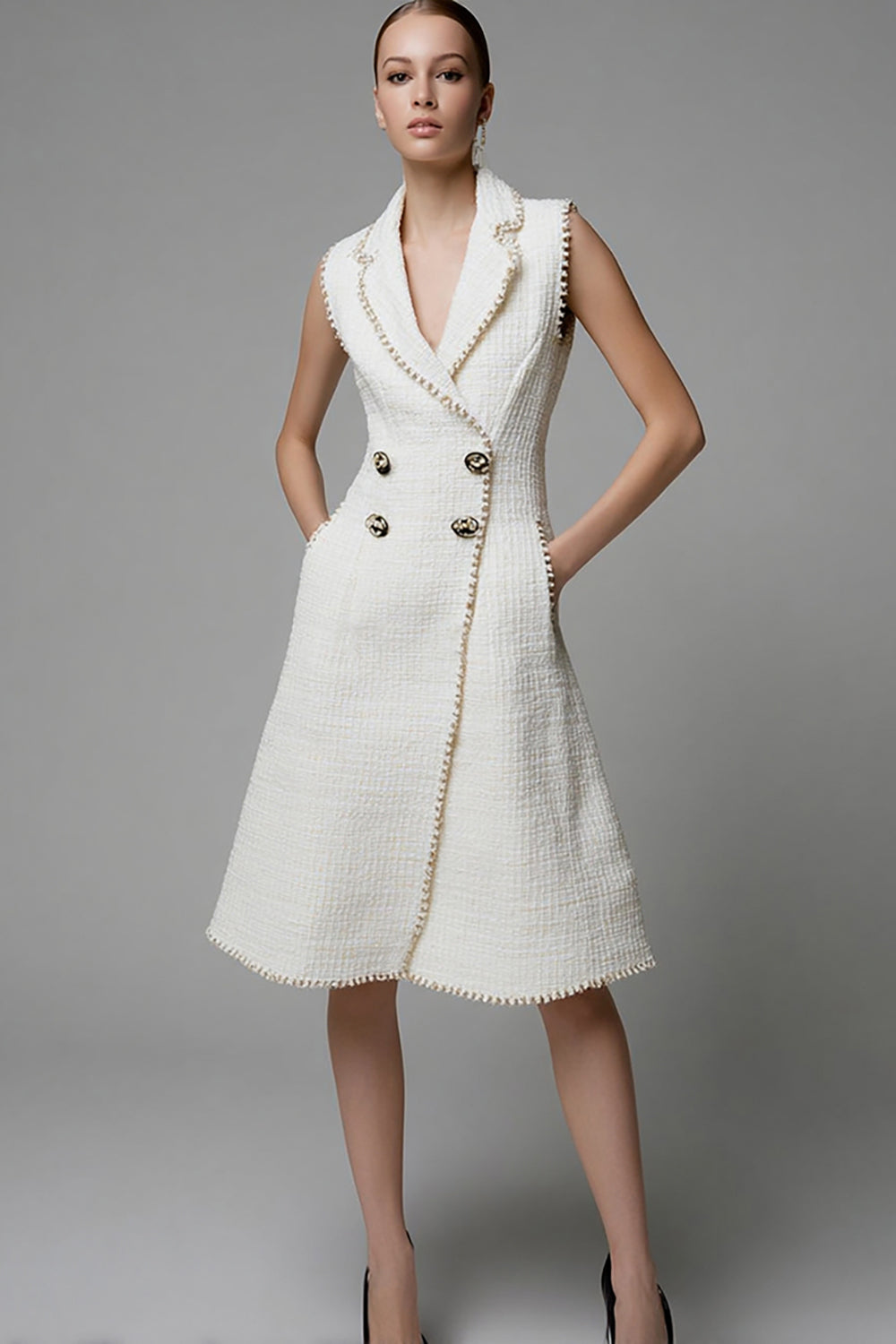 Ivory A-Line Notched Lapel Work Dress