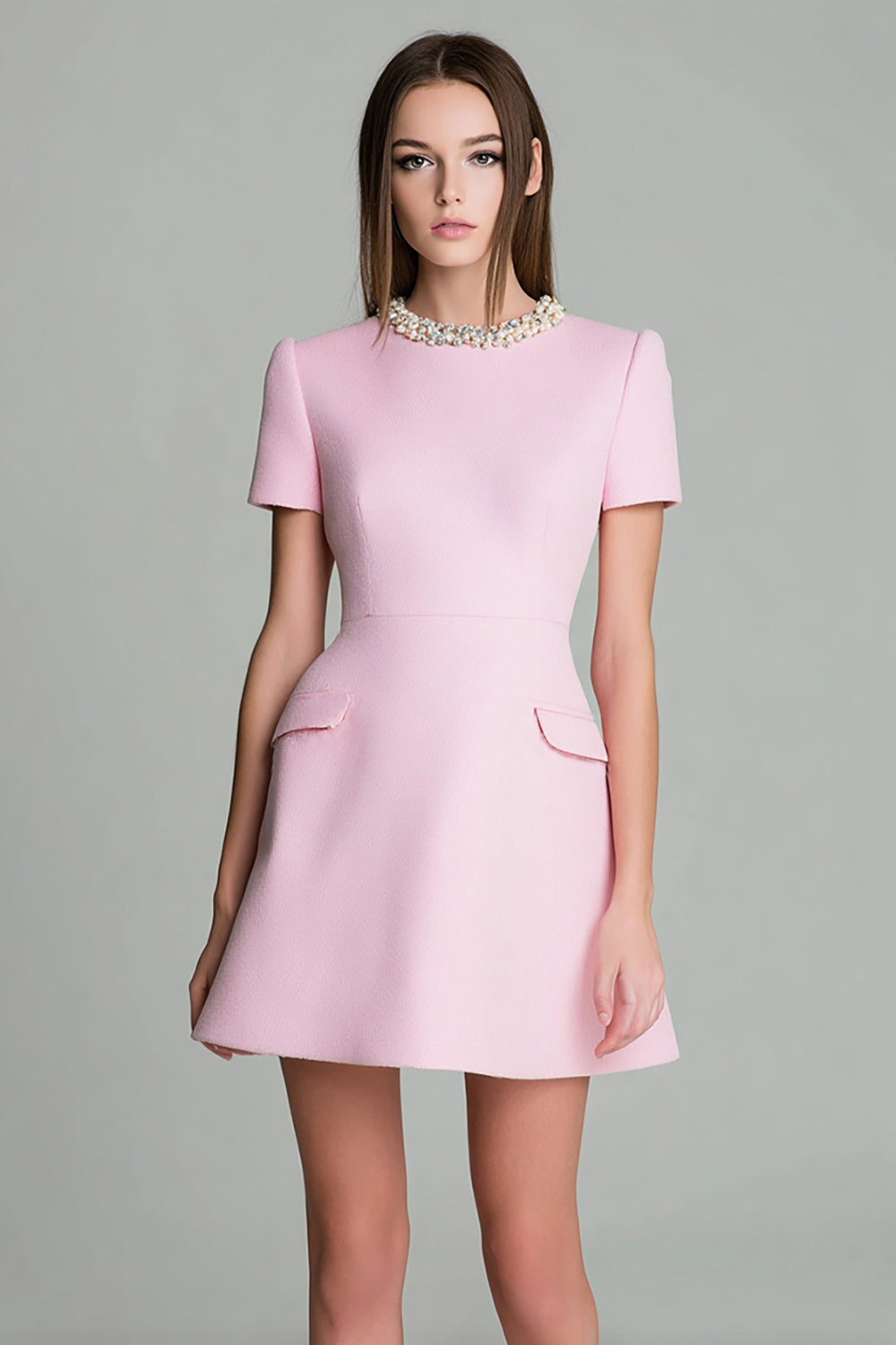 Pink A Line Beaded Mini Work Dress with Short Sleeves