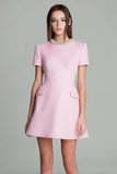 Pink A Line Beaded Mini Work Dress with Short Sleeves