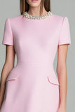 Pink A Line Beaded Mini Work Dress with Short Sleeves