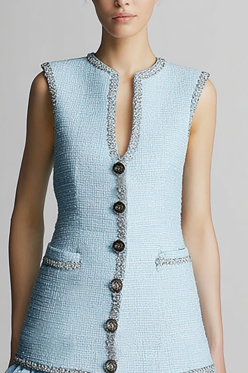 Tweed V-Neck Sky Blue Work Dress With Ruffles