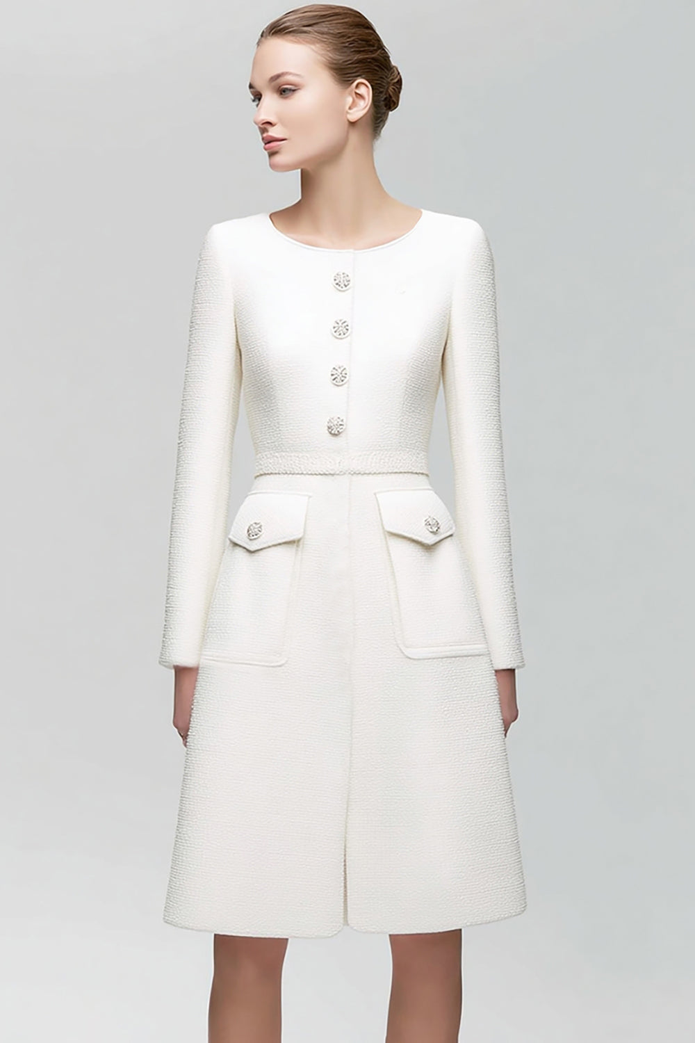 Long Sleeve Ivory A-Line Work Dress