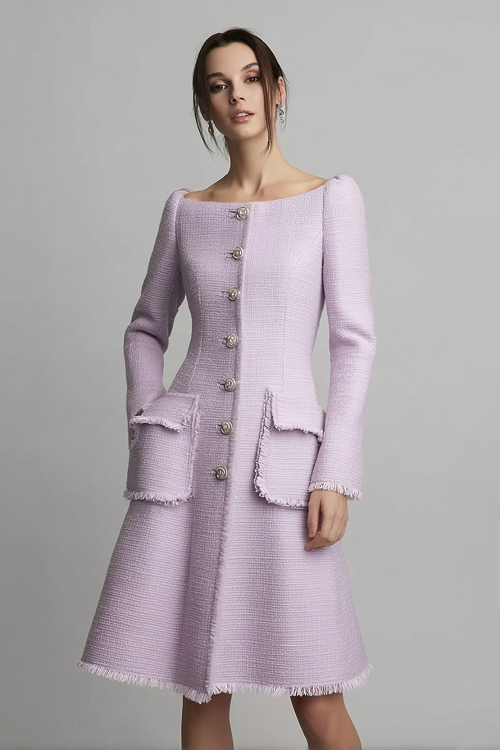 Lilac A Line Boat Neck Long Sleeve Work Dress
