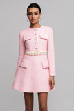 Tweed Pink A Line Work Dress with Long Sleeves