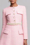 Tweed Pink A Line Work Dress with Long Sleeves