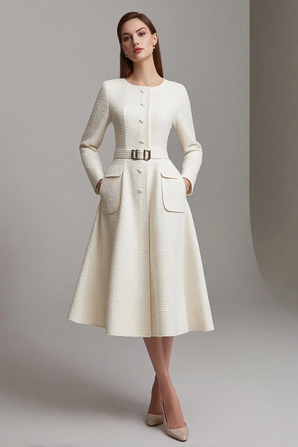 Ivory Long Sleeve A-Line Round Neck Midi Work Dress With Belt