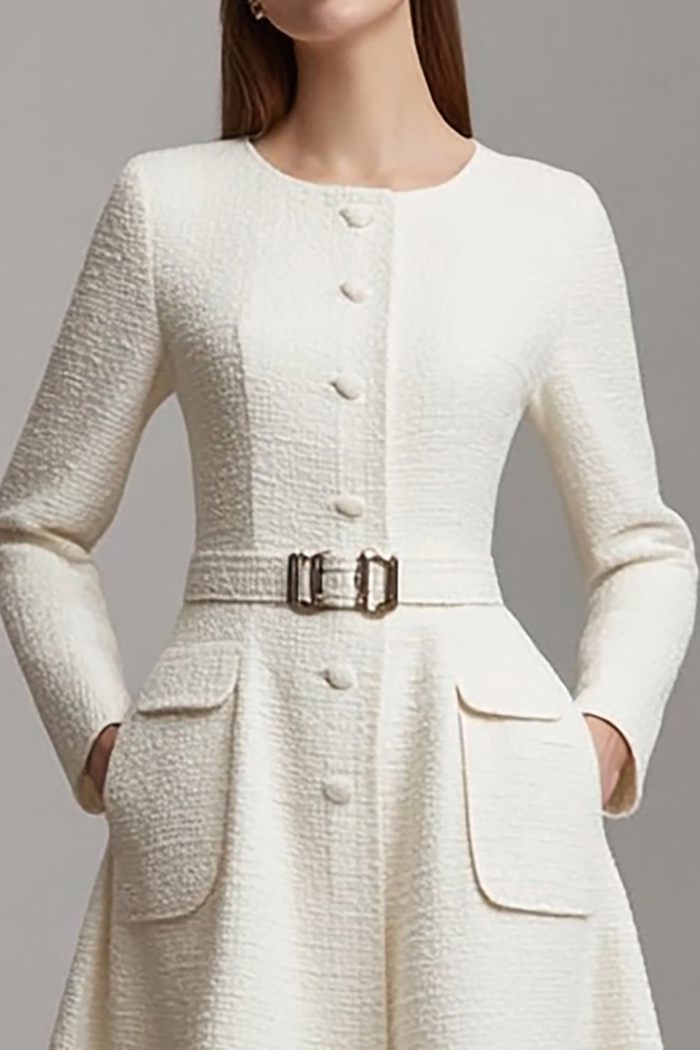 Ivory Long Sleeve A-Line Round Neck Midi Work Dress With Belt