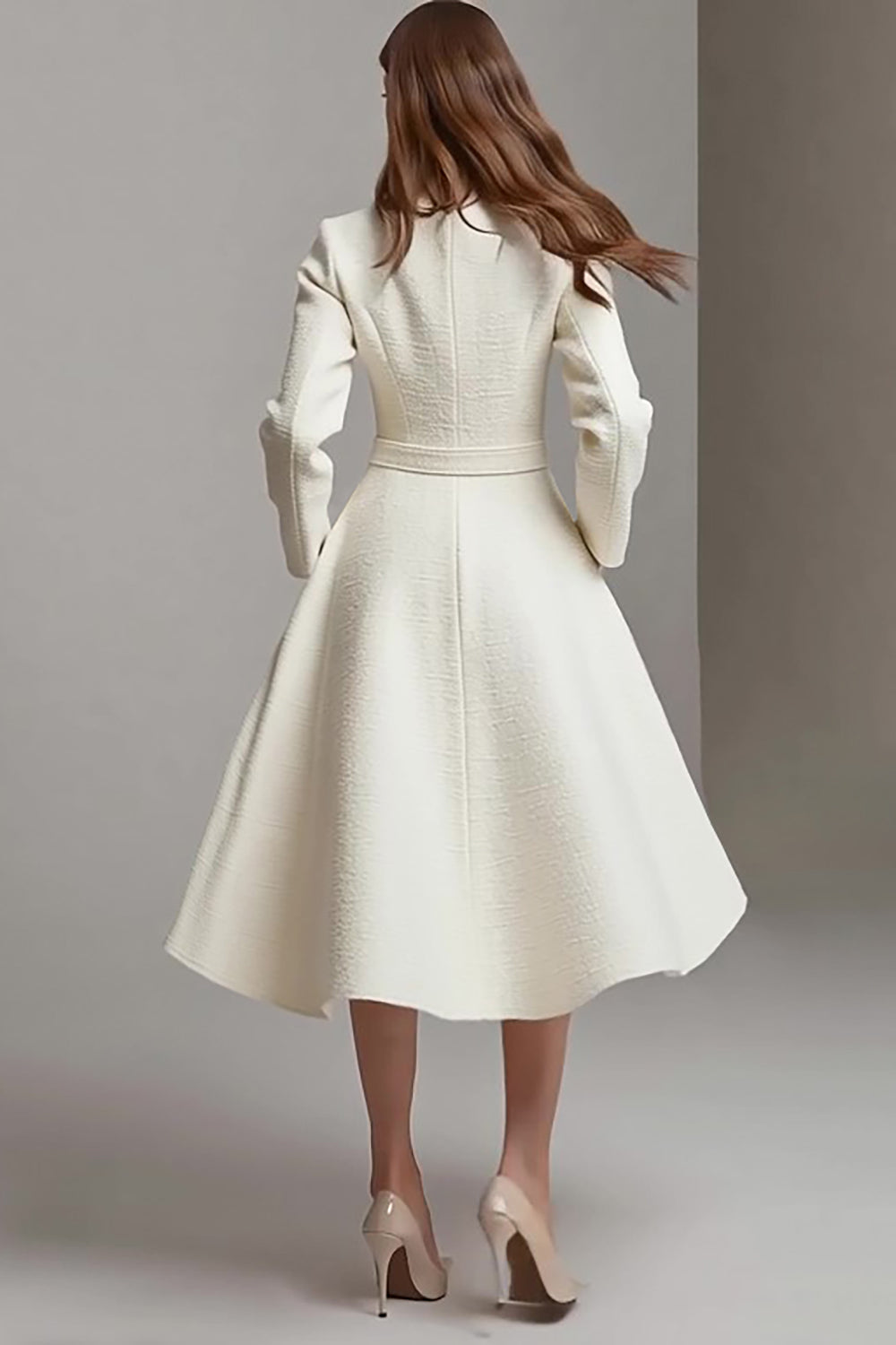 Ivory Long Sleeve A-Line Round Neck Midi Work Dress With Belt