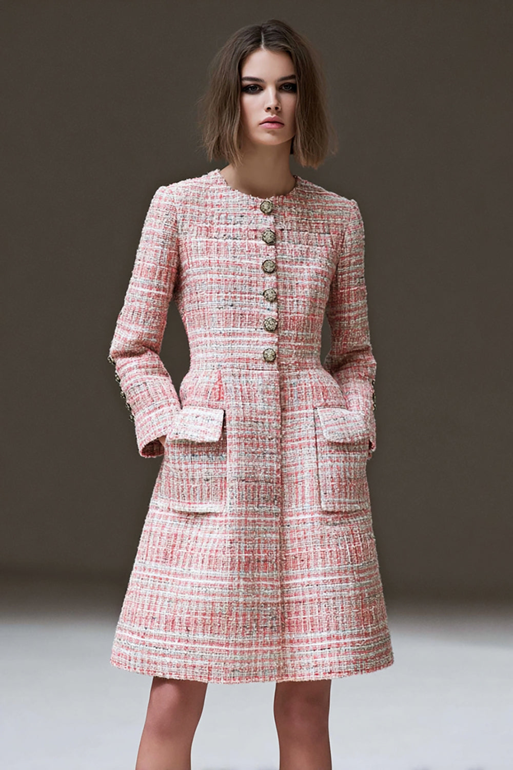 Pink Tweed A Line Work Dress with Long Sleeves